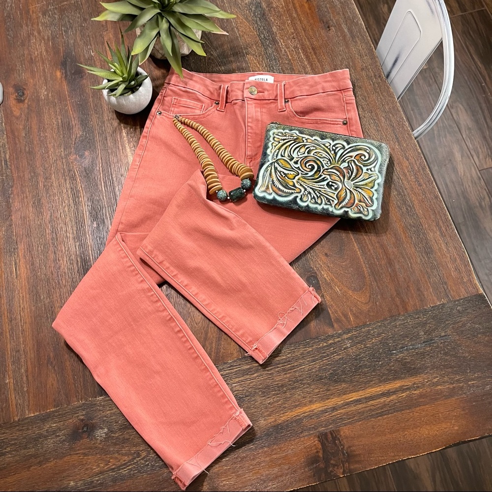 Pistola Drea Slim Straight Scissor cut hem 27 distressed pink coral orange